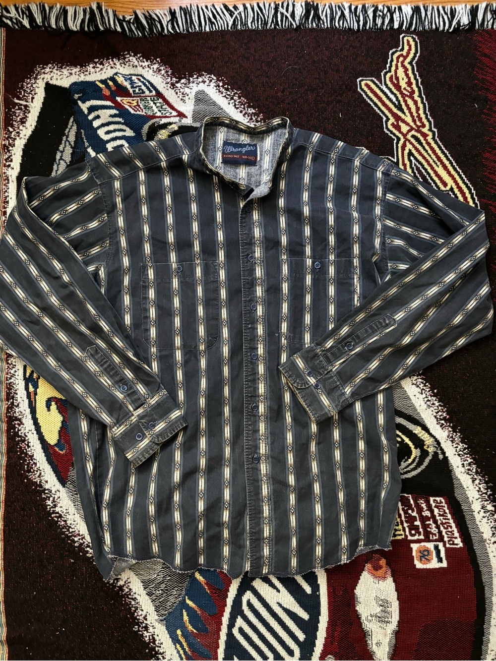 Vintage Wrangler Men's x long tail Blue Striped Button-Up Shirt